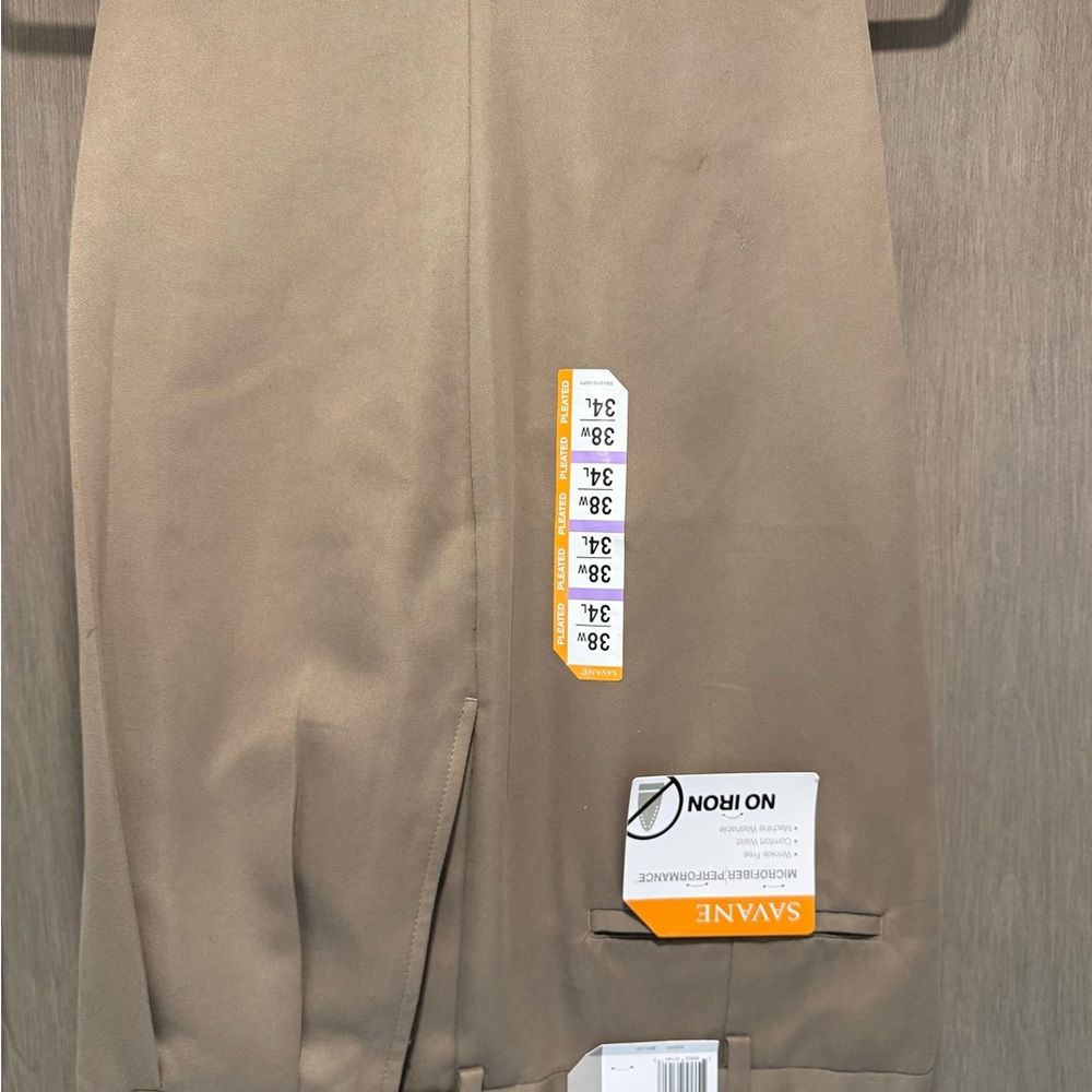 Savane Men's Dress Pants Light Brown No Iron Pleated Front Cuffed Legs 38 x 34